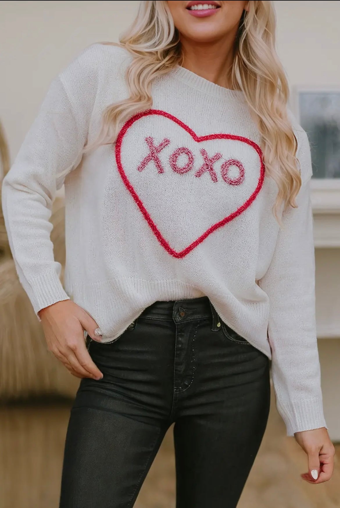 Heart XoXo Pattern Rib Knit Sweater
