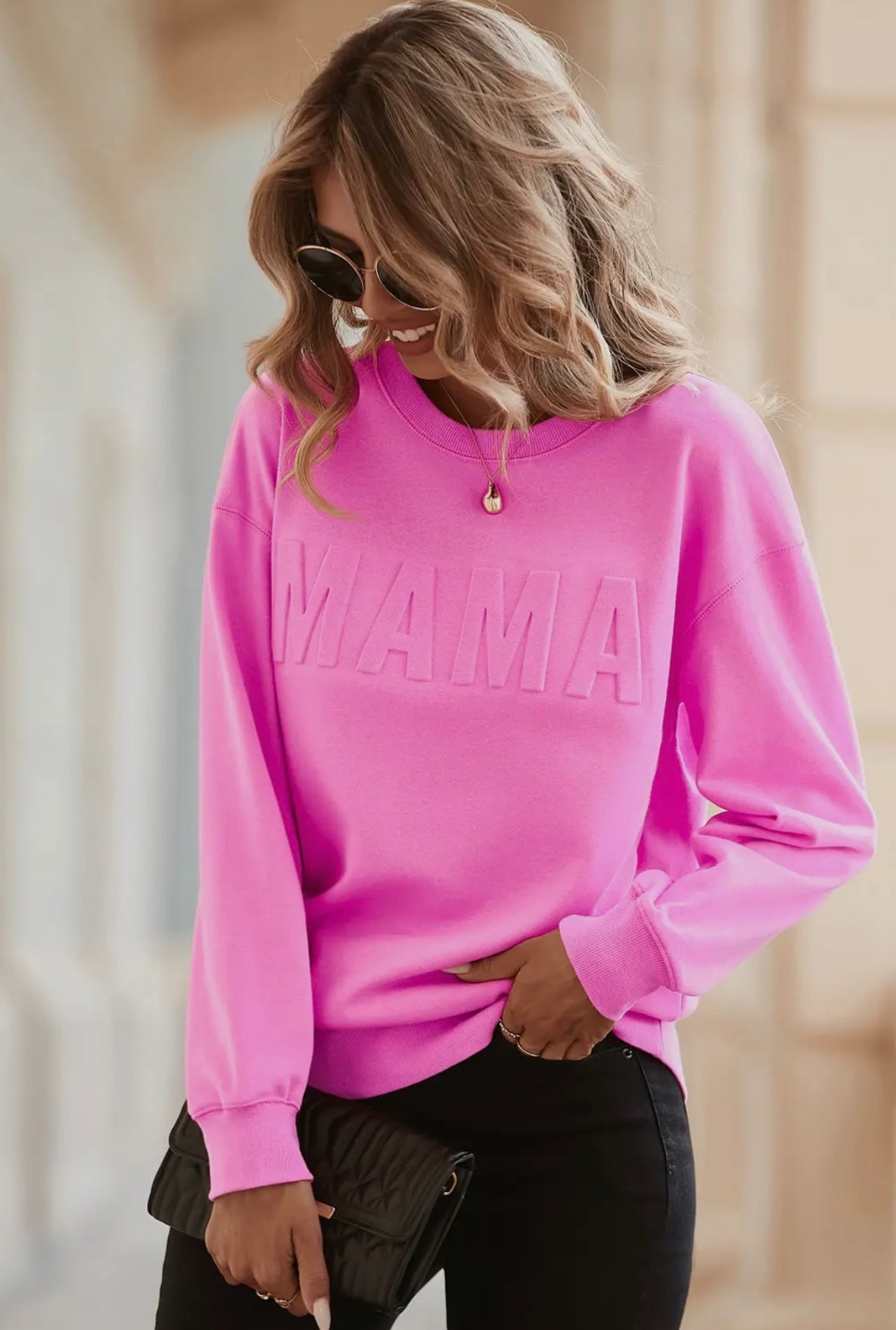 Mama Pink Letter Embossed Casual Sweatshirt