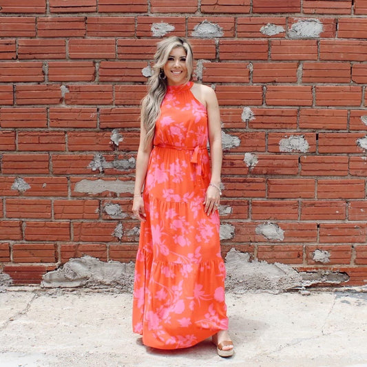 Coral Red Halter Tiered Maxi Dress