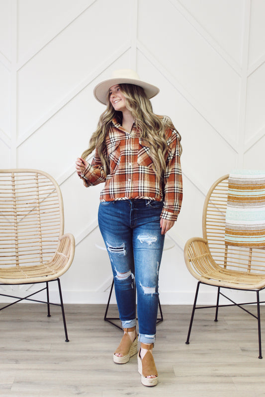Plaid Cropped Shacket In Rust